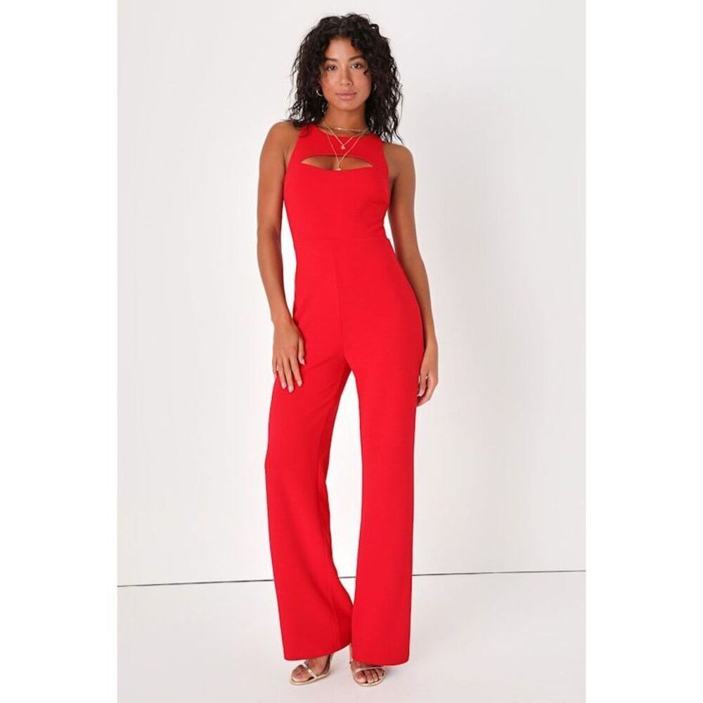 Lulus Sincerely Sultry Red Cutout Wide-leg Jumpsuit - Size L